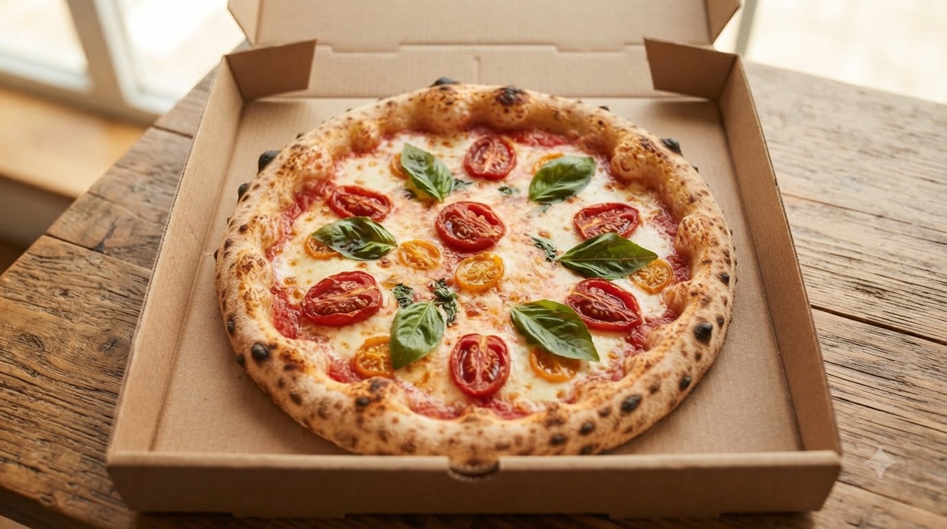 Una pizza Margherita appena sfornata allinterno di una scatola di cartone bianca, guarnita con mozzarella filante, pomodorini tagliati a metà e foglie di basilico verde.
