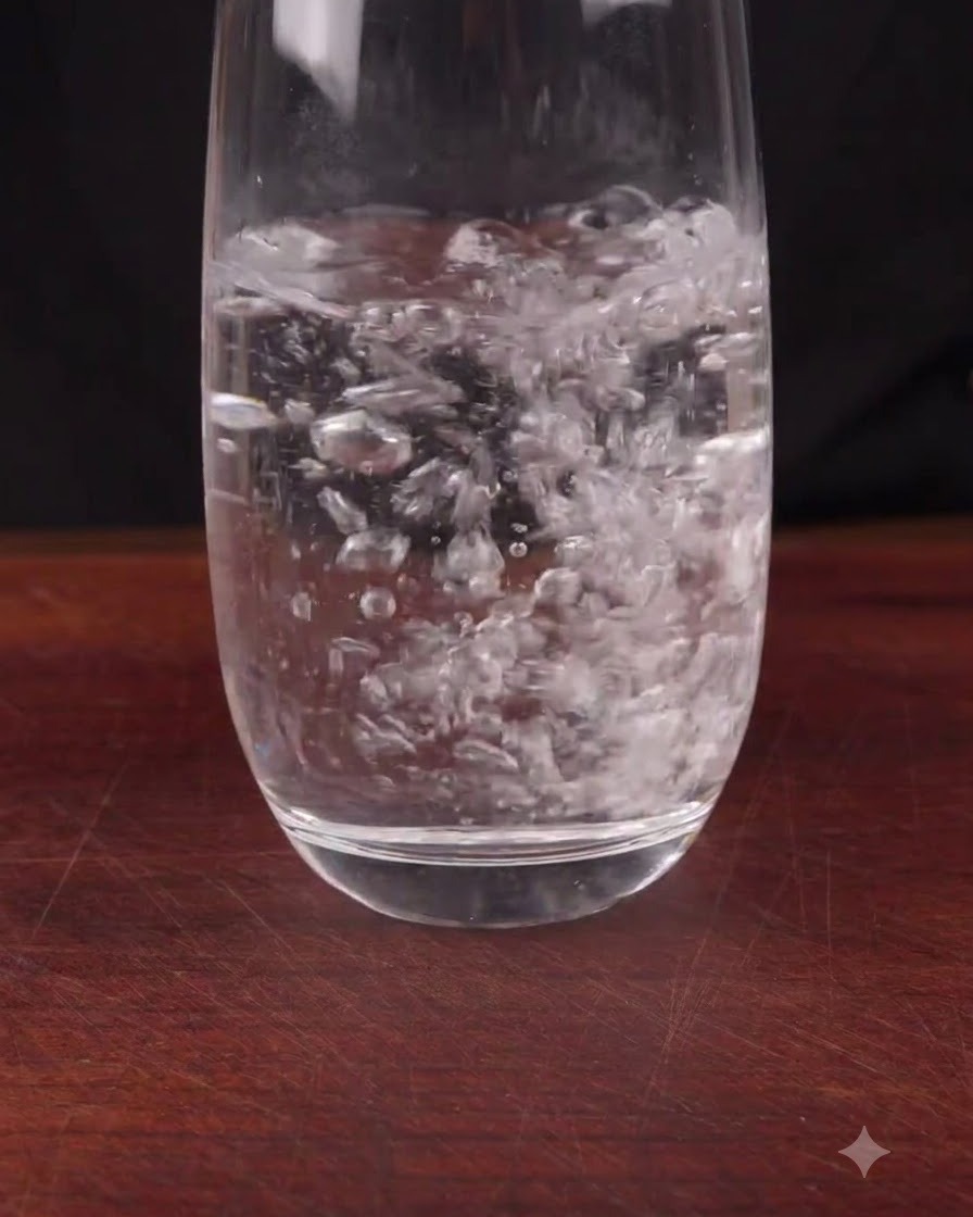 Un flusso costante di acqua tiepida che si versa in un bicchiere trasparente posato su un tavolo di legno.