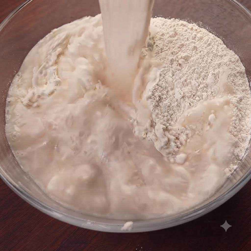 Sale fino cosparso in una ciotola di miscelazione piena di farina e ingredienti liquidi.