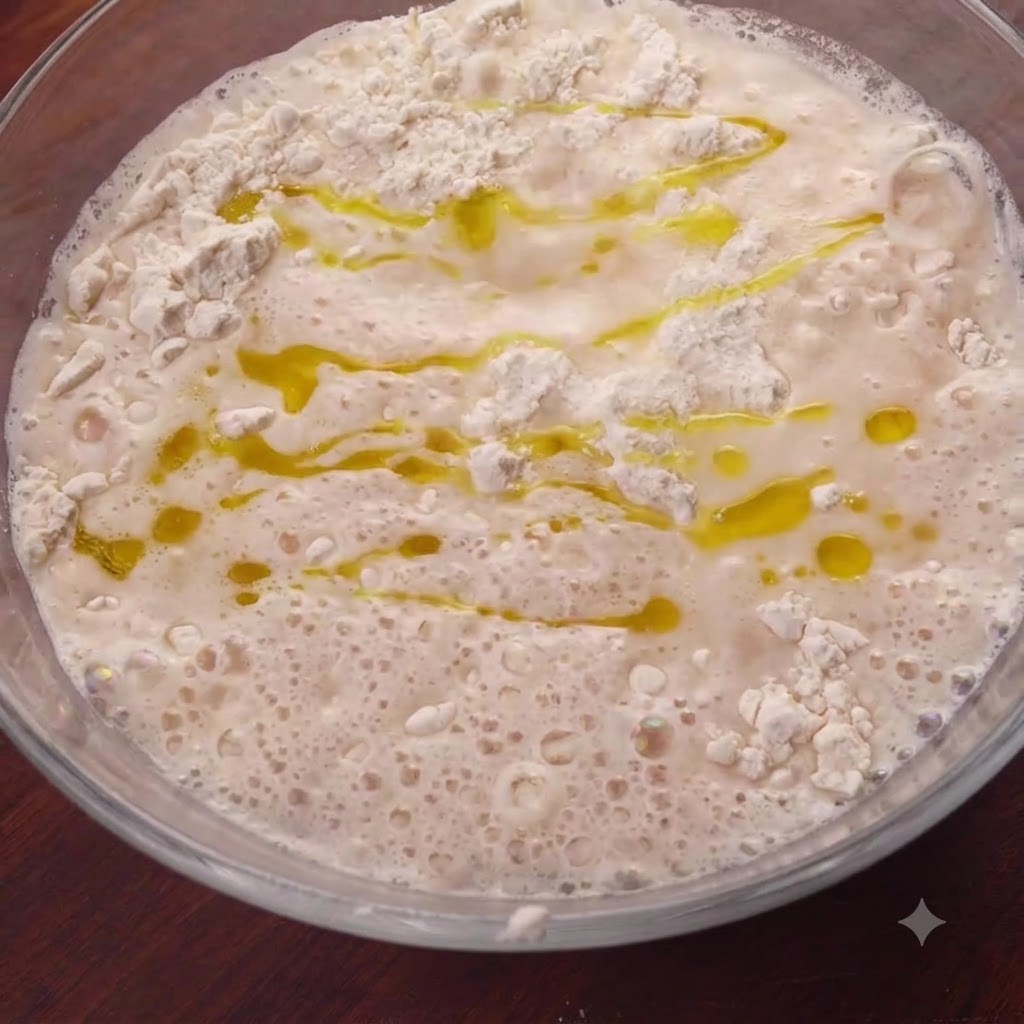 Olio doliva dorato fatto gocciolare sulla superficie del composto di farina umido allinterno di una ciotola di vetro.
