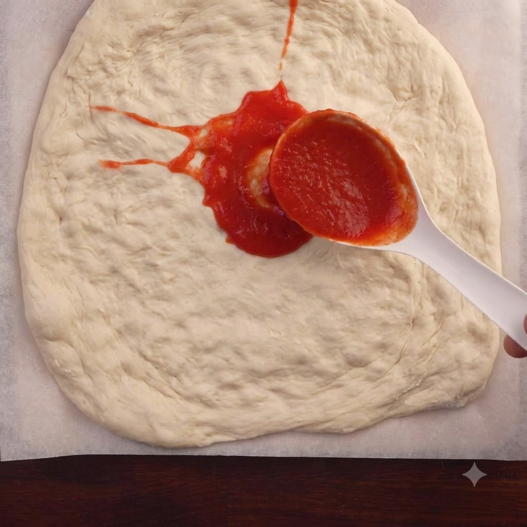 Un mestolo che versa salsa di pomodoro rosso vivo al centro di un disco di pasta per pizza steso su carta da forno.