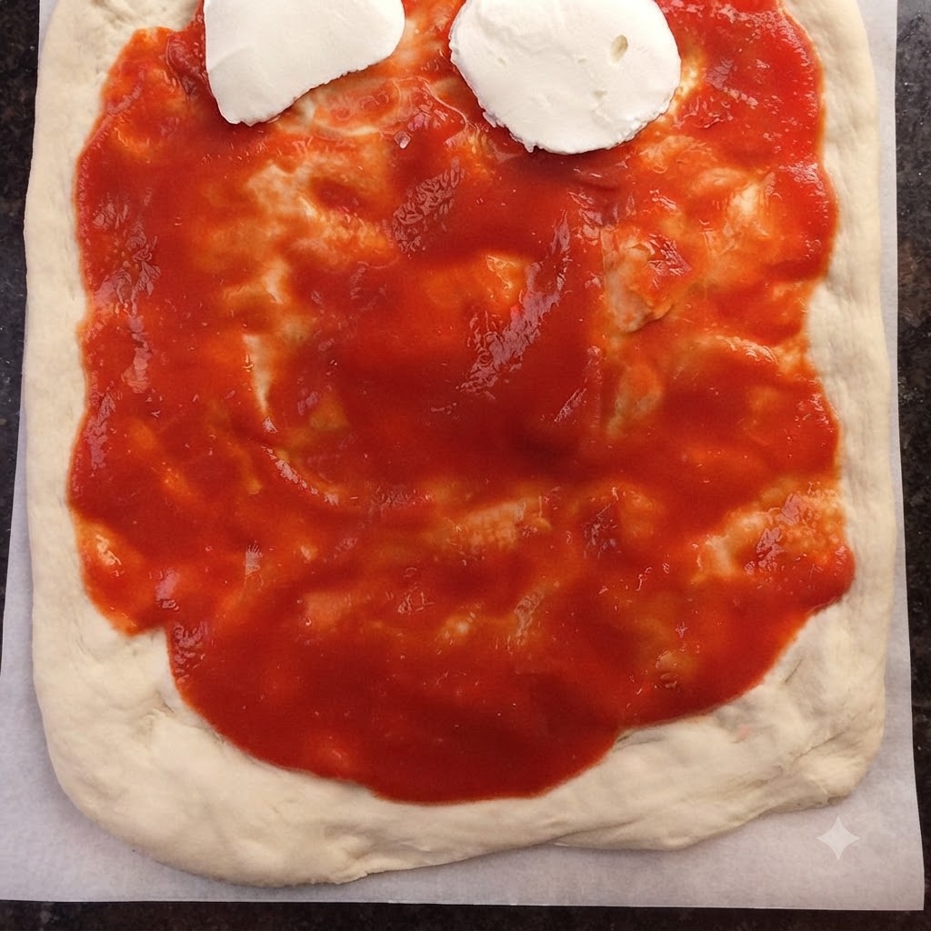 Fette di mozzarella bianca disposte sopra una base di salsa di pomodoro su un impasto per pizza.