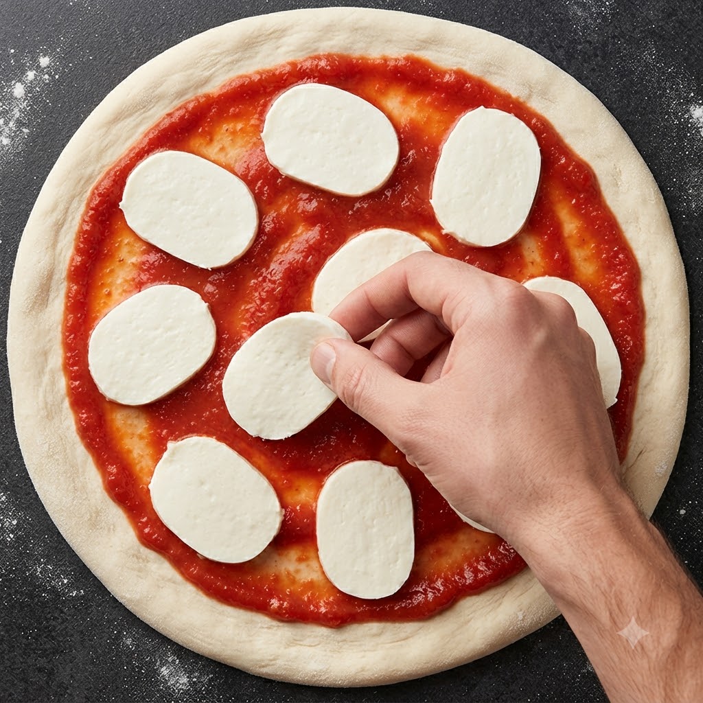 Una mano che posiziona una fetta di mozzarella su una base rotonda di pizza coperta di salsa di pomodoro.