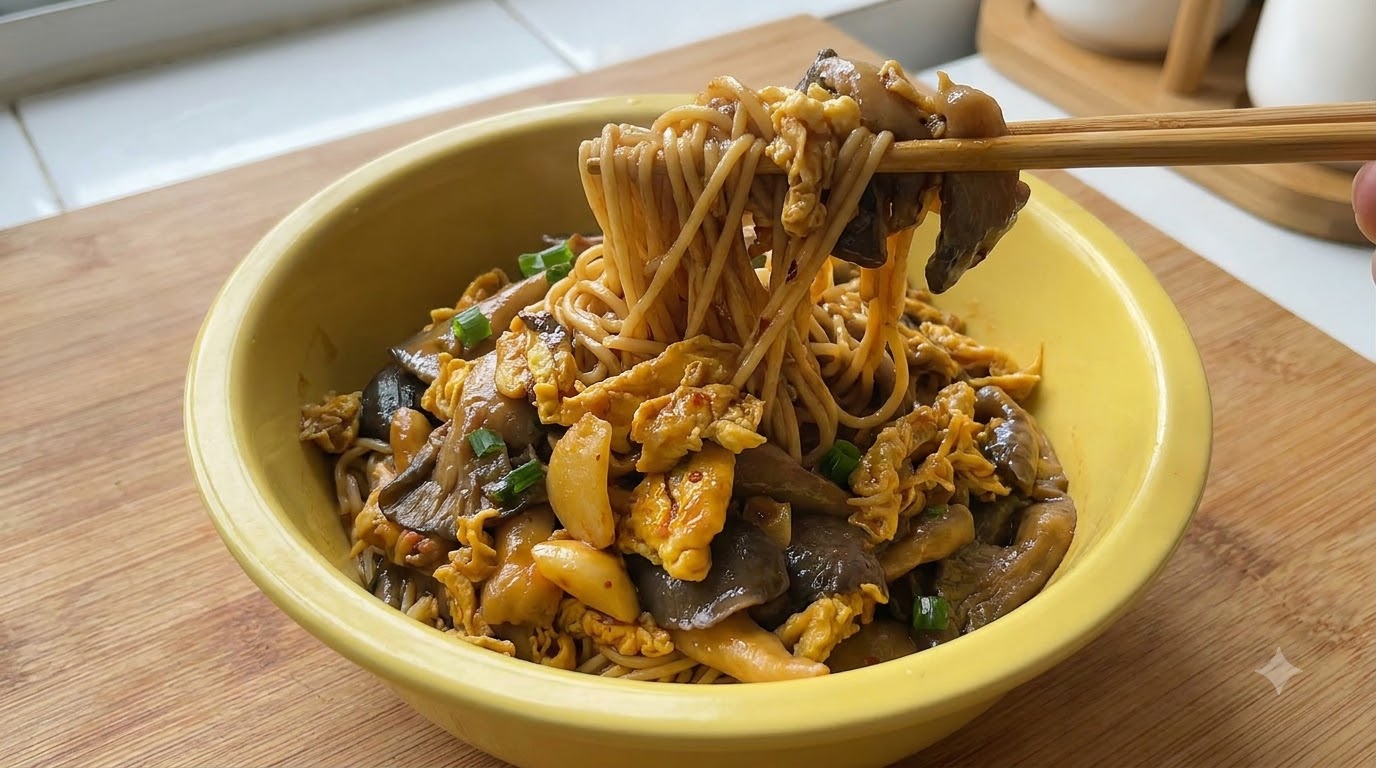 Una ciotola gialla di saporiti noodles con funghi oyster e uova sollevati con le bacchette