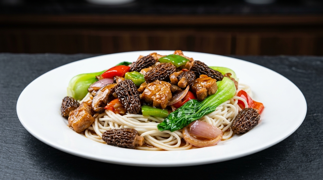 Noodles con Funghi Bachu e Maiale Saltato in Padella