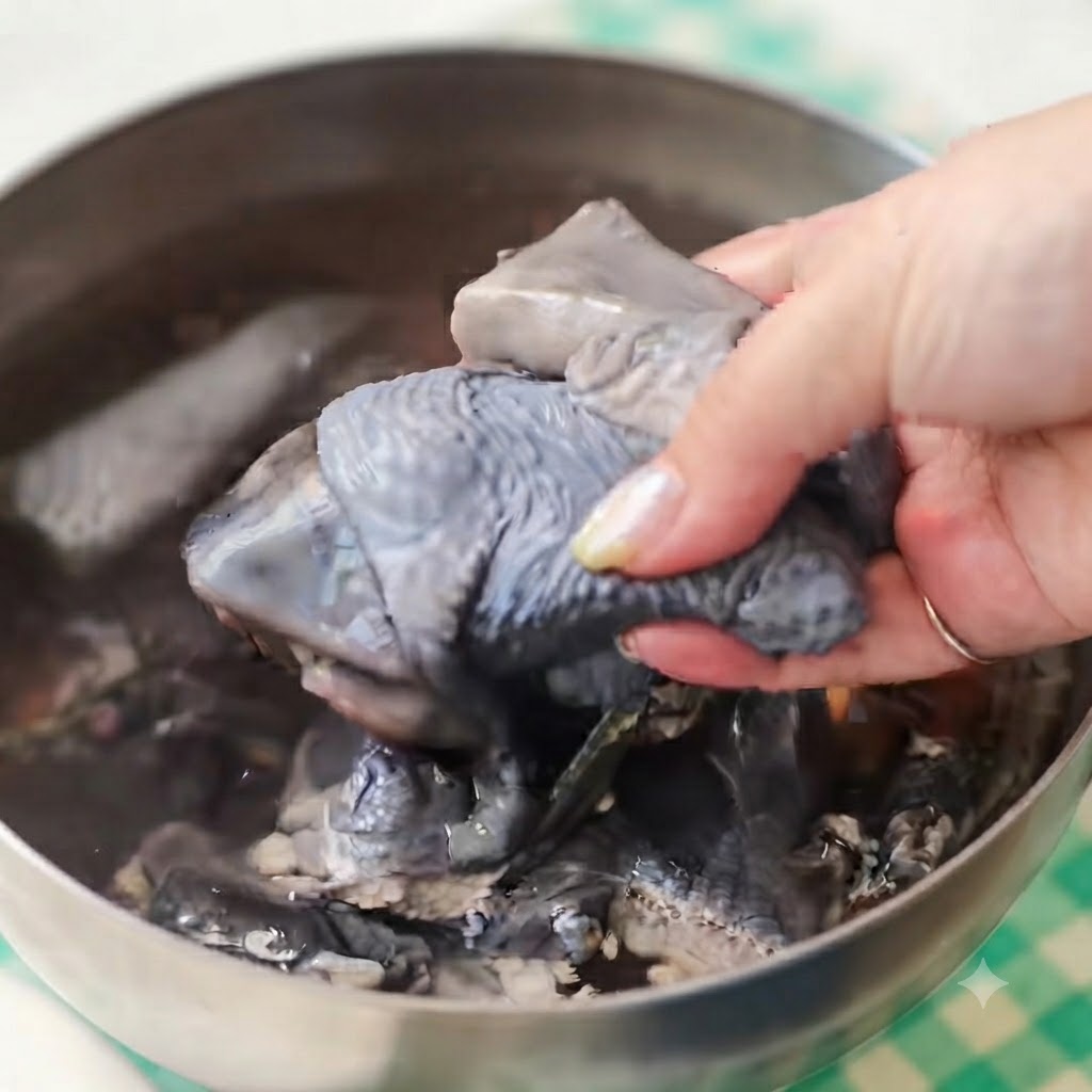 Pezzi di pollo crudo dalla pelle nera scolati in una ciotola di metallo.