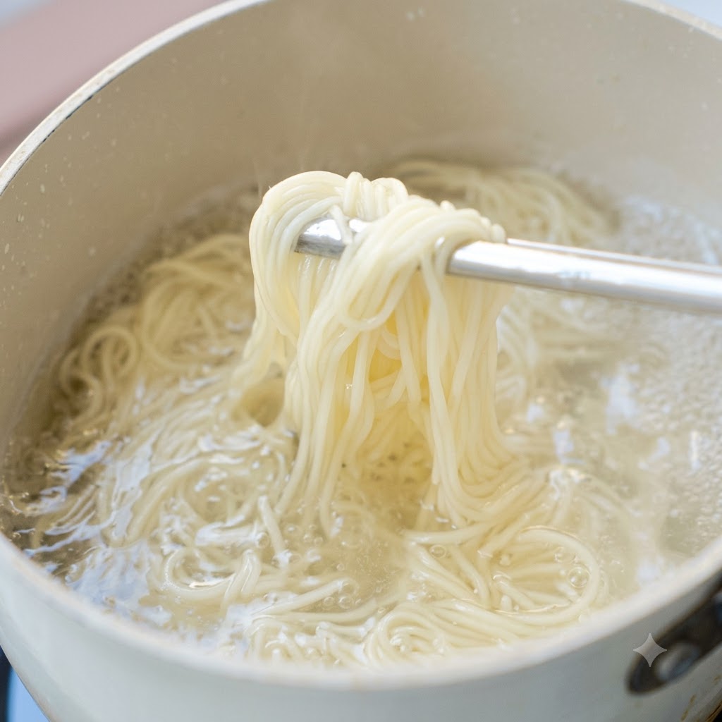 Noodles cucinati e mescolati in acqua bollente dentro una pentola dai toni chiari.