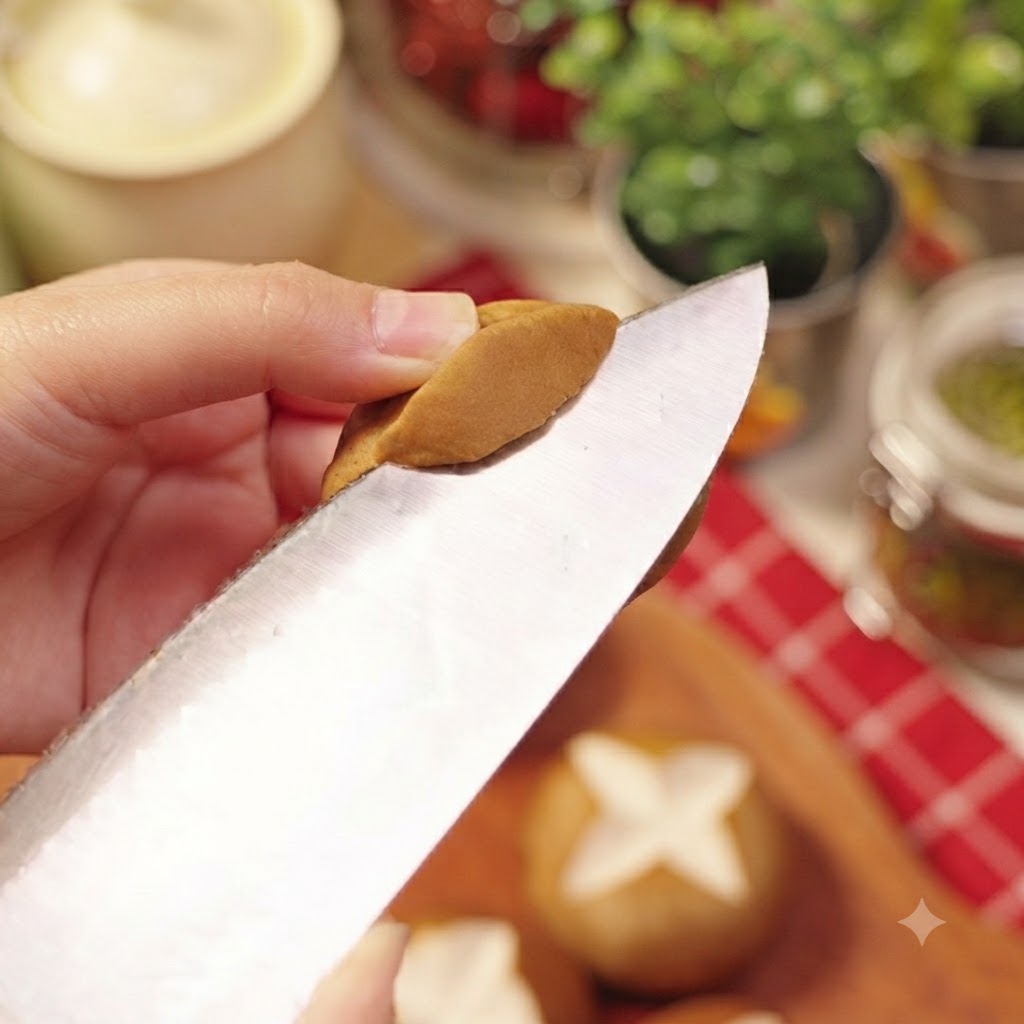 Primo piano di una mano che usa un coltello affilato per intagliare un motivo a rombi su una cappella di fungo shiitake fresco su un tagliere di legno.