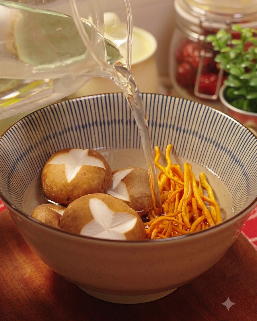 Acqua tiepida versata in una ciotola di funghi shiitake e fiori di cordyceps.