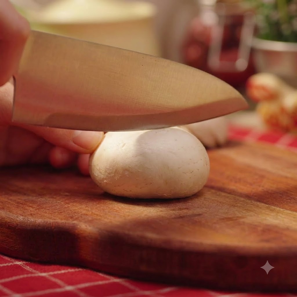 Un coltello da cucina che affetta funghi champignon bianchi su un tagliere di legno.