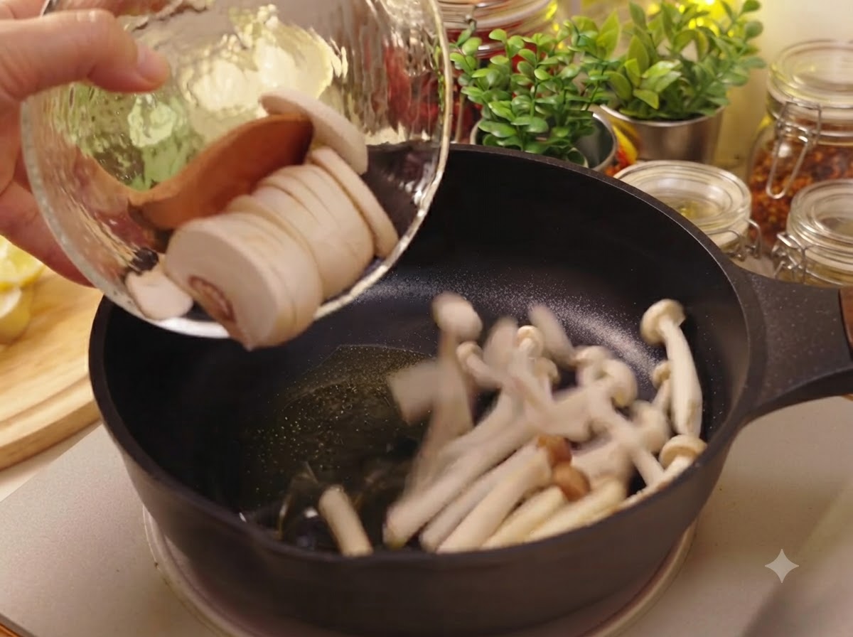 Funghi bianchi affettati e funghi shimeji che scivolano da una ciotola di vetro in una padella oleata.