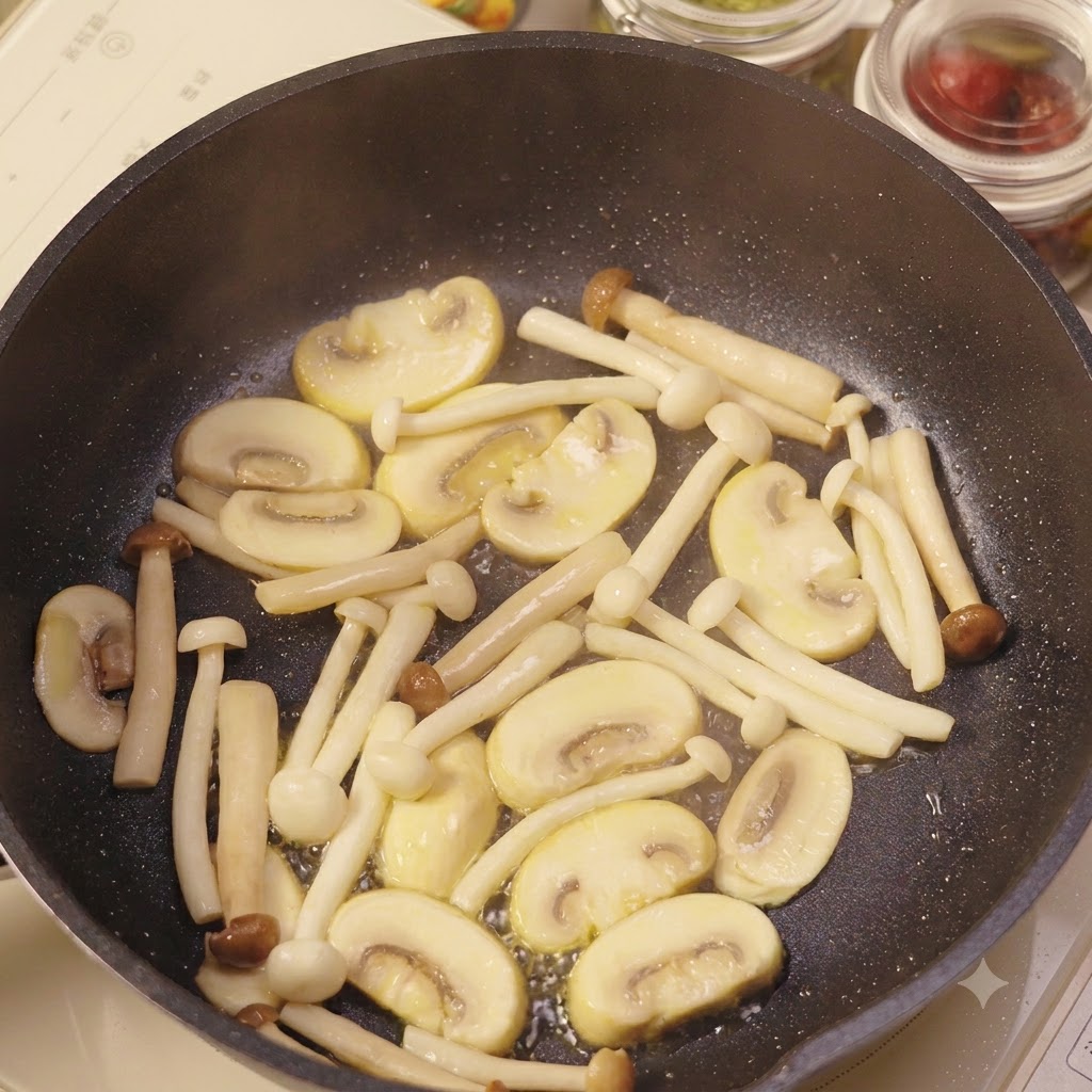 Aglio tritato mescolato ai funghi saltati in padella con una spatola.