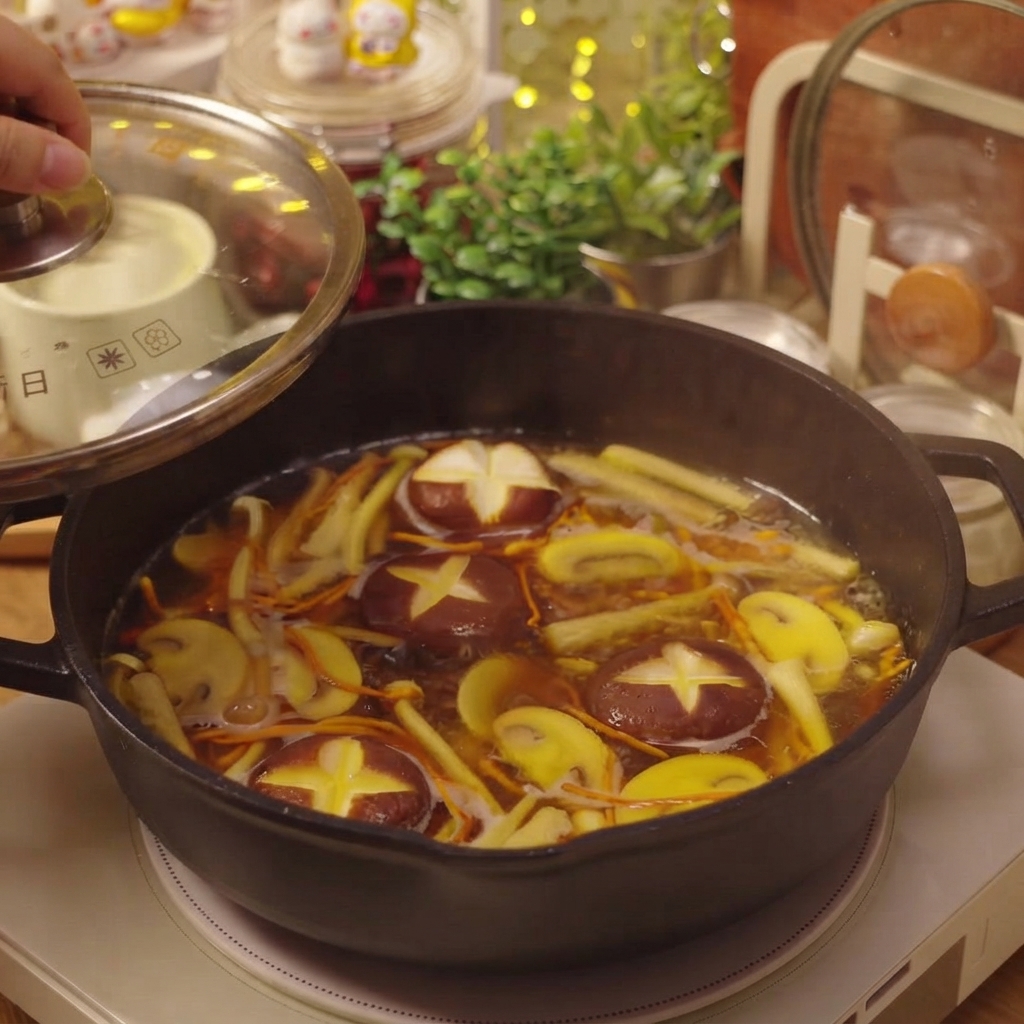 Un coperchio di vetro posizionato sopra la padella contenente la zuppa di funghi in ebollizione.