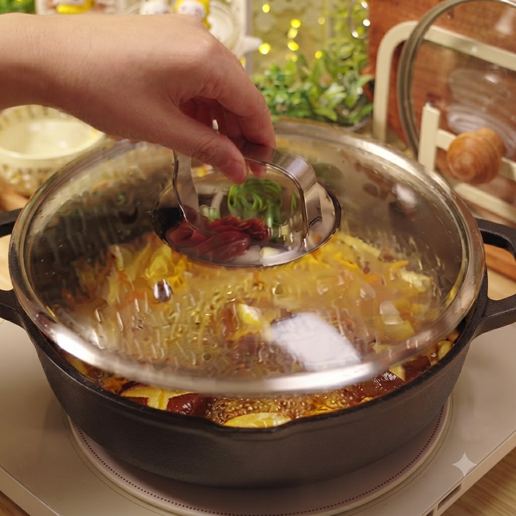 Il coperchio di vetro rimosso da una padella piena di zuppa di funghi bollente.
