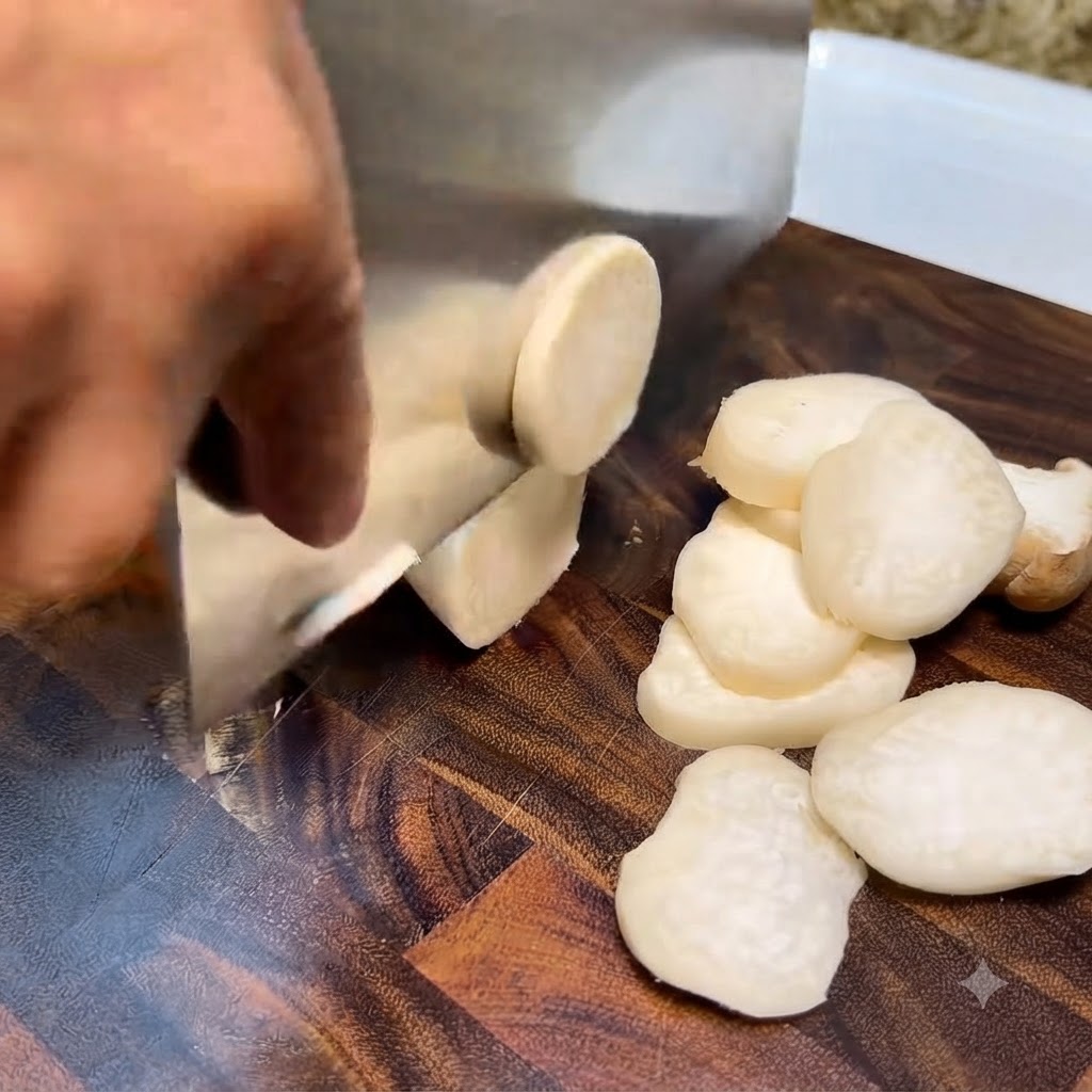 Fungo king oyster tagliato in fette rotonde pulite su un tagliere di legno con un coltello grande.
