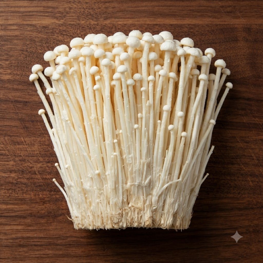 Un fresco mazzetto di funghi enoki poggiato su un tagliere di legno scuro con radici tagliate.