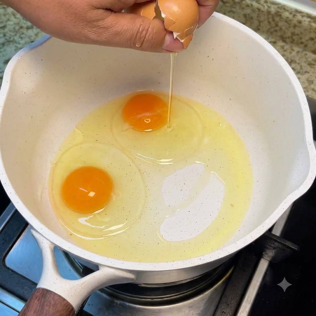 Due uova intere rotte in una pentola bianca riempita di olio da cucina a fuoco basso.