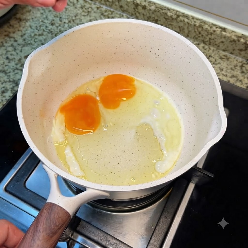 Uova fritte girate delicatamente in una pentola di cottura bianca usando una spatola di silicone rosa.