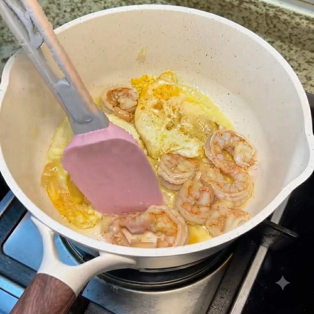 Una varietà di funghi preparati aggiunti nella pentola bianca contenente uova e gamberi.