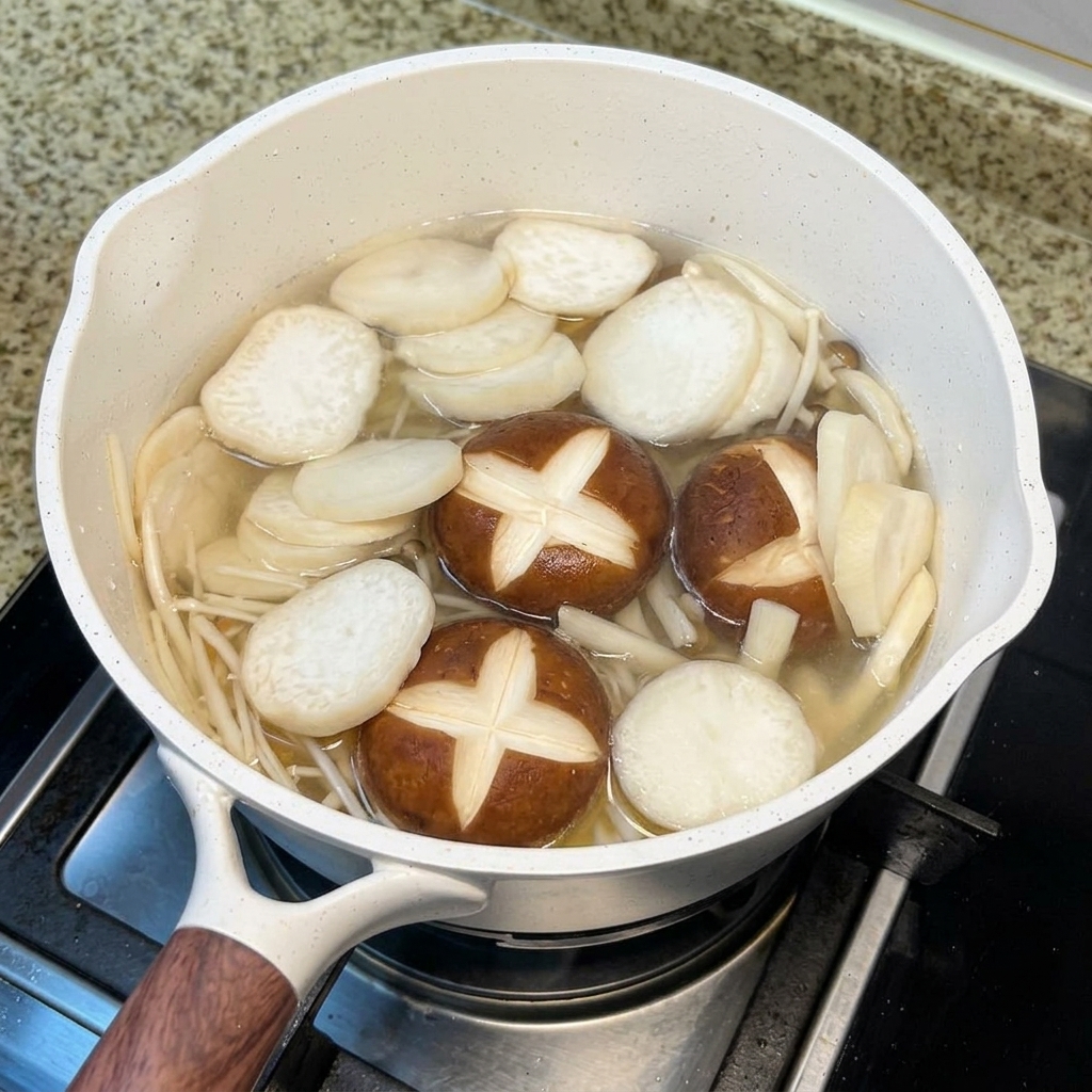 Acqua bollente versata da un bollitore in una pentola bianca riempita di funghi, uova e gamberi.