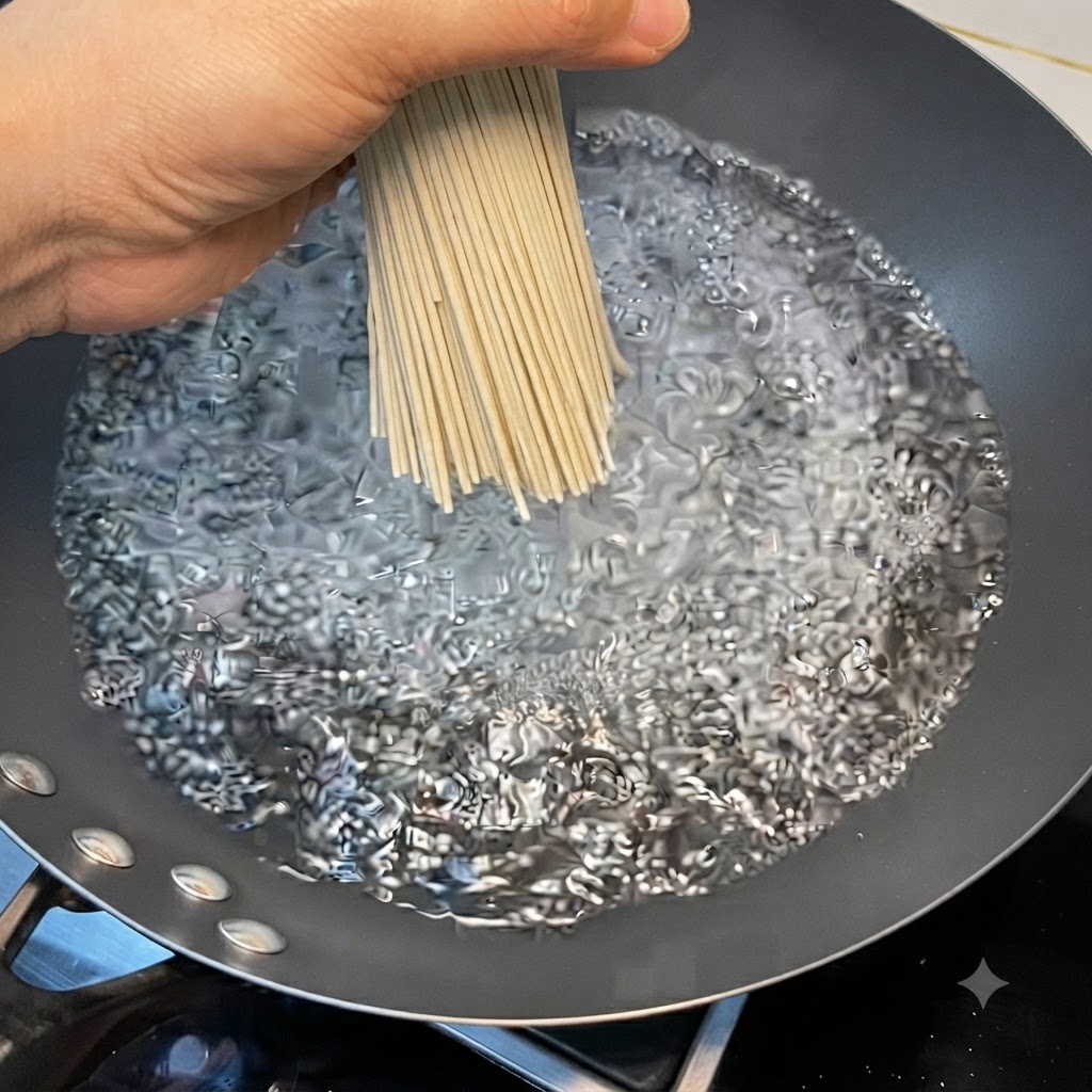 Un mazzetto di noodles secchi immersi in un wok separato di acqua bollente.