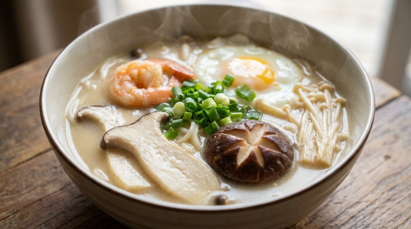 Zuppa di Noodles con Gamberi e Funghi