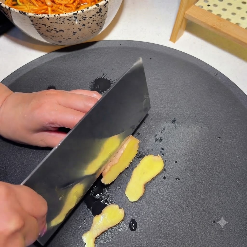 Radice di zenzero tagliata a fette su un tagliere nero.