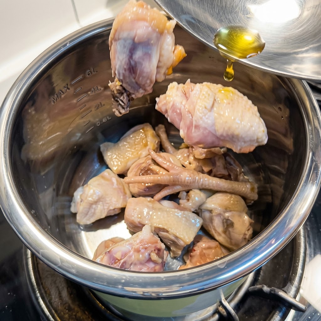 Pezzi di pollo fritto trasferiti in una pentola da cucina in metallo.
