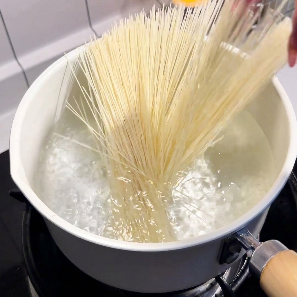 Fili di noodles bianchi inseriti in una pentola di acqua bollente.