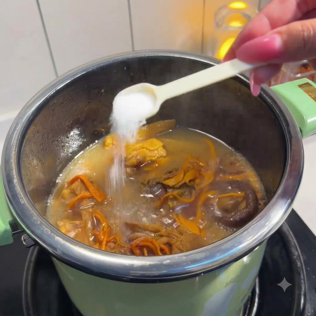 Un piccolo cucchiaio bianco che aggiunge sale in una pentola di zuppa di pollo e funghi in ebollizione.