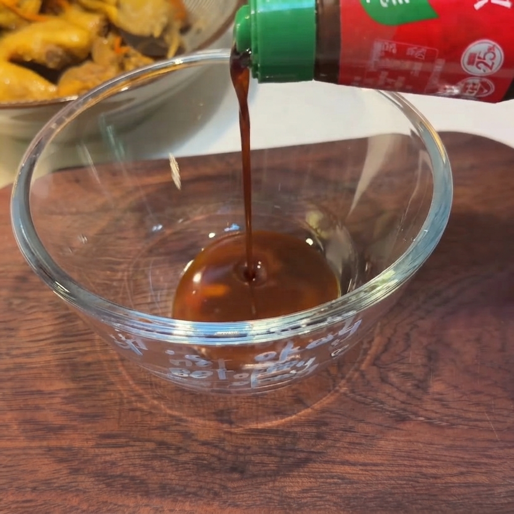 Salsa scura versata da una bottiglia con tappo verde in una ciotola di vetro trasparente.