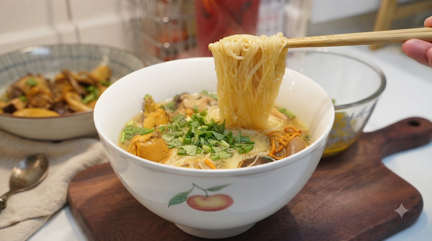 Una ciotola di zuppa di noodles e pollo ai funghi guarnita con erbe fresche e sollevata con le bacchette