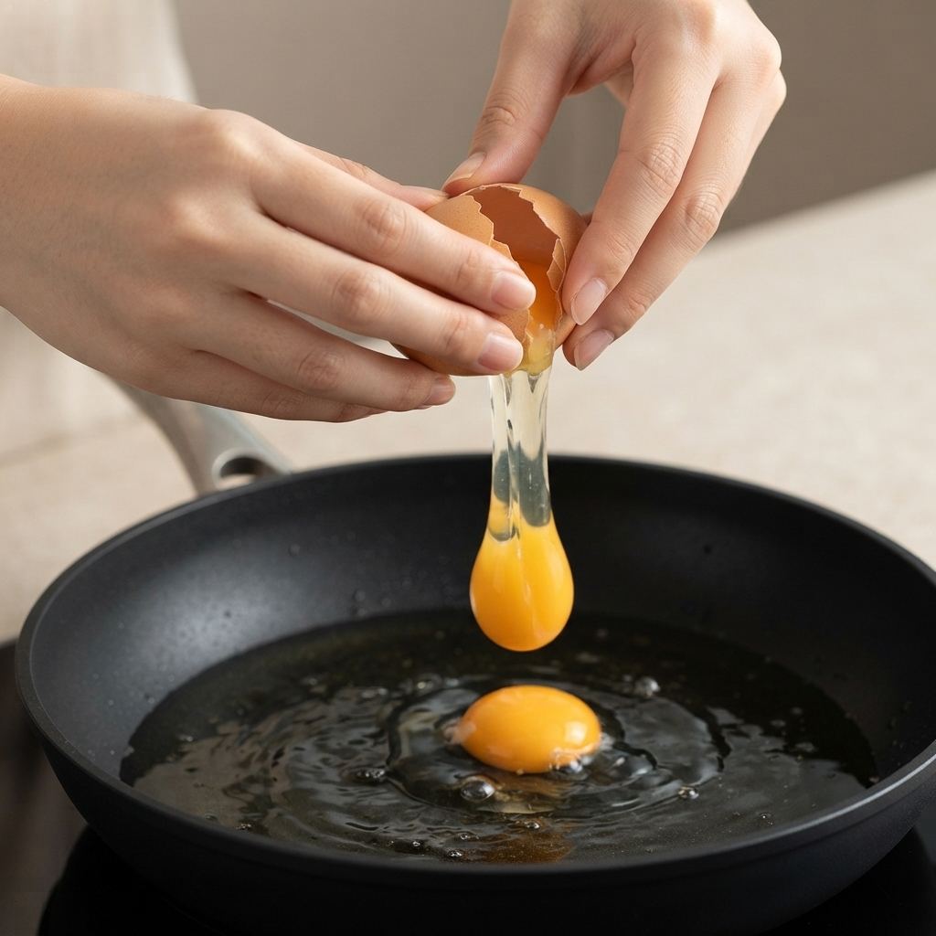 Un uovo che viene rotto in una padella piena di olio.