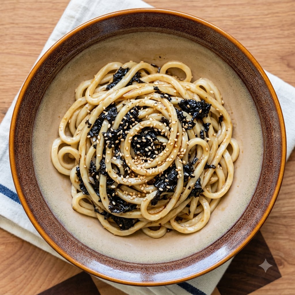 Noodle cotti posizionati allinterno di una ciotola sopra una base di alga e semi di sesamo.
