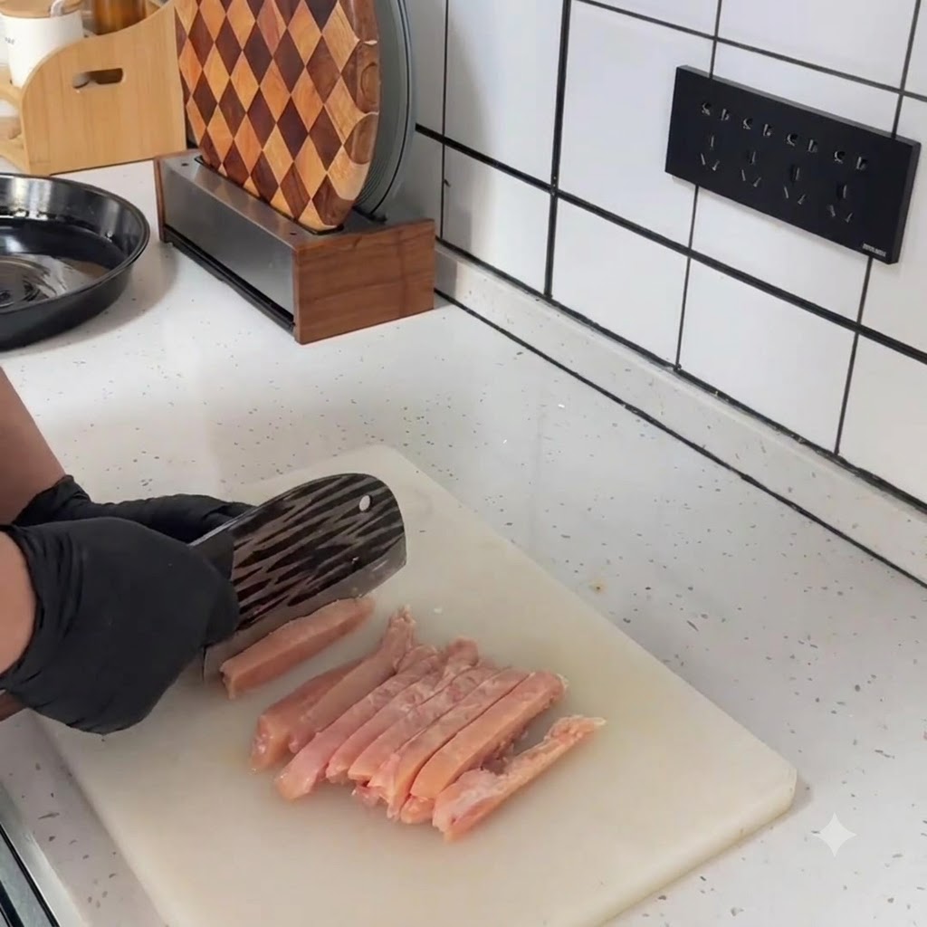 Dettaglio di piccoli cubetti di pollo crudo appena tagliati e disposti con ordine su un tagliere bianco accanto a un coltello.