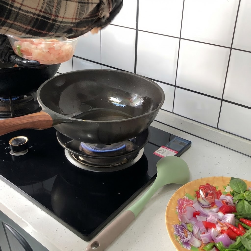 Pezzetti di pollo crudo versati da una ciotola trasparente in un wok caldo e unto posizionato su un fornello a gas.