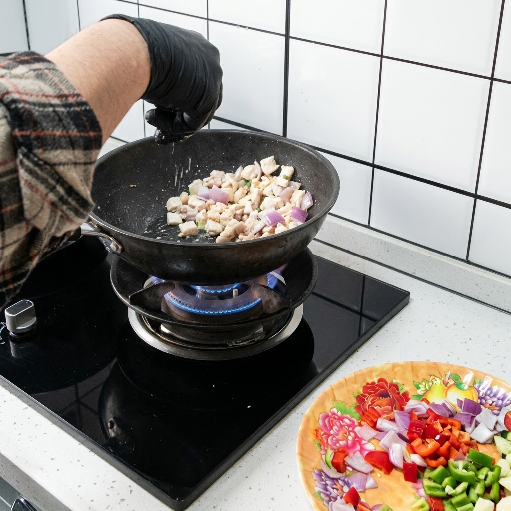 Bocconcini di pollo e cipolla saltati in un wok con fiamme vive che salgono dal bruciatore a gas sottostante.