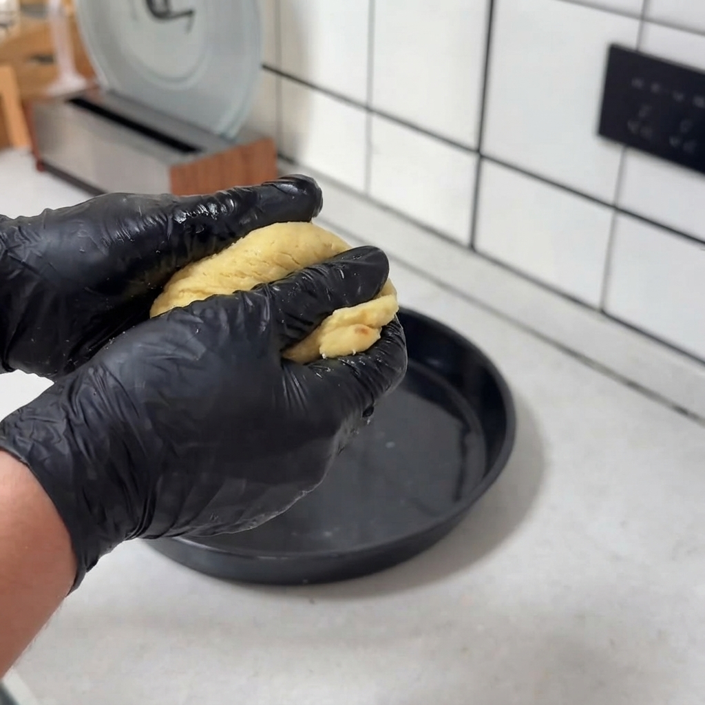 Mani con guanti che stendono e allargano un panetto di impasto per pizza allinterno di una teglia rotonda nera.