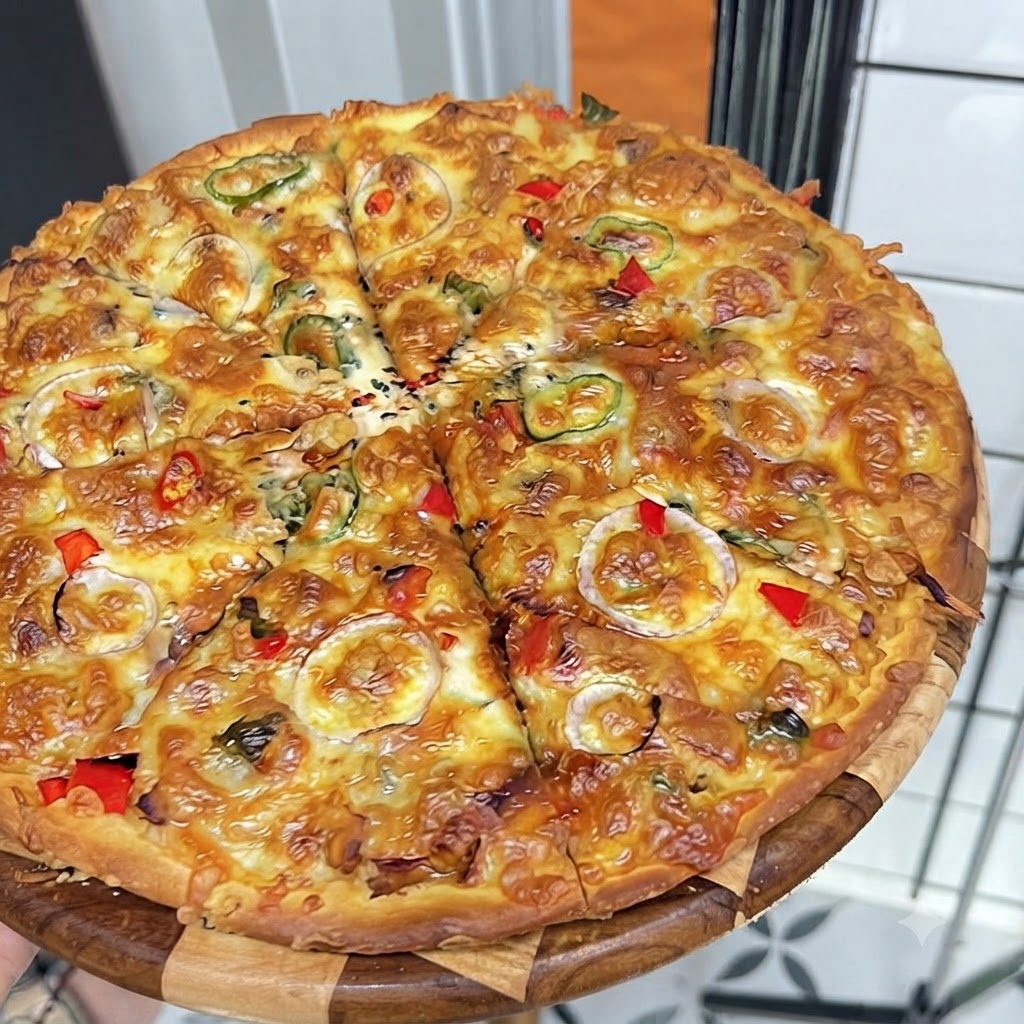 Mozzarella grattugiata distribuita generosamente sulla base della pizza già parzialmente cotta e condita con pollo e verdure.