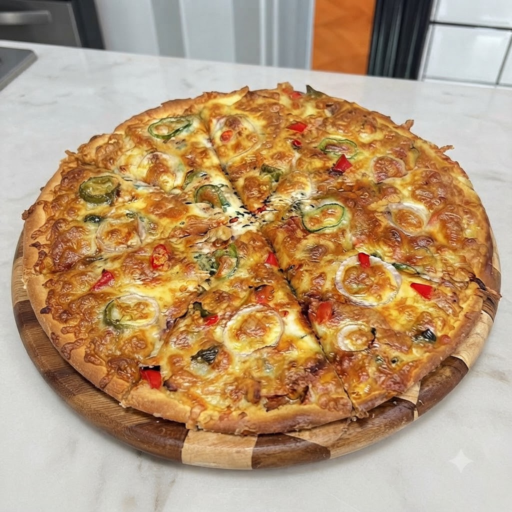 Primo piano di anelli di cipolla rossa e vivaci fettine di jalapeño verde disposti con cura sopra la pizza ricoperta di formaggio.