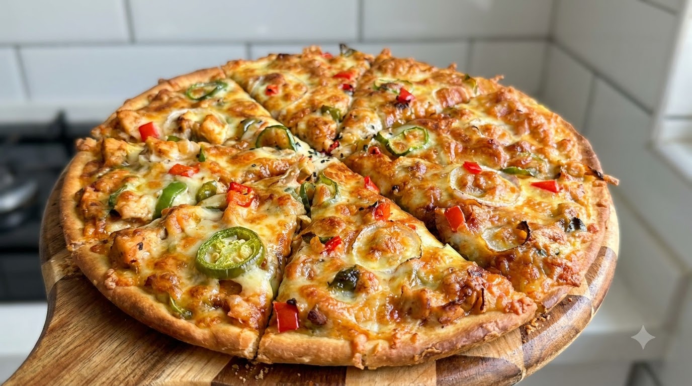 Pizza fatta in casa con pollo, peperoni e jalapeño