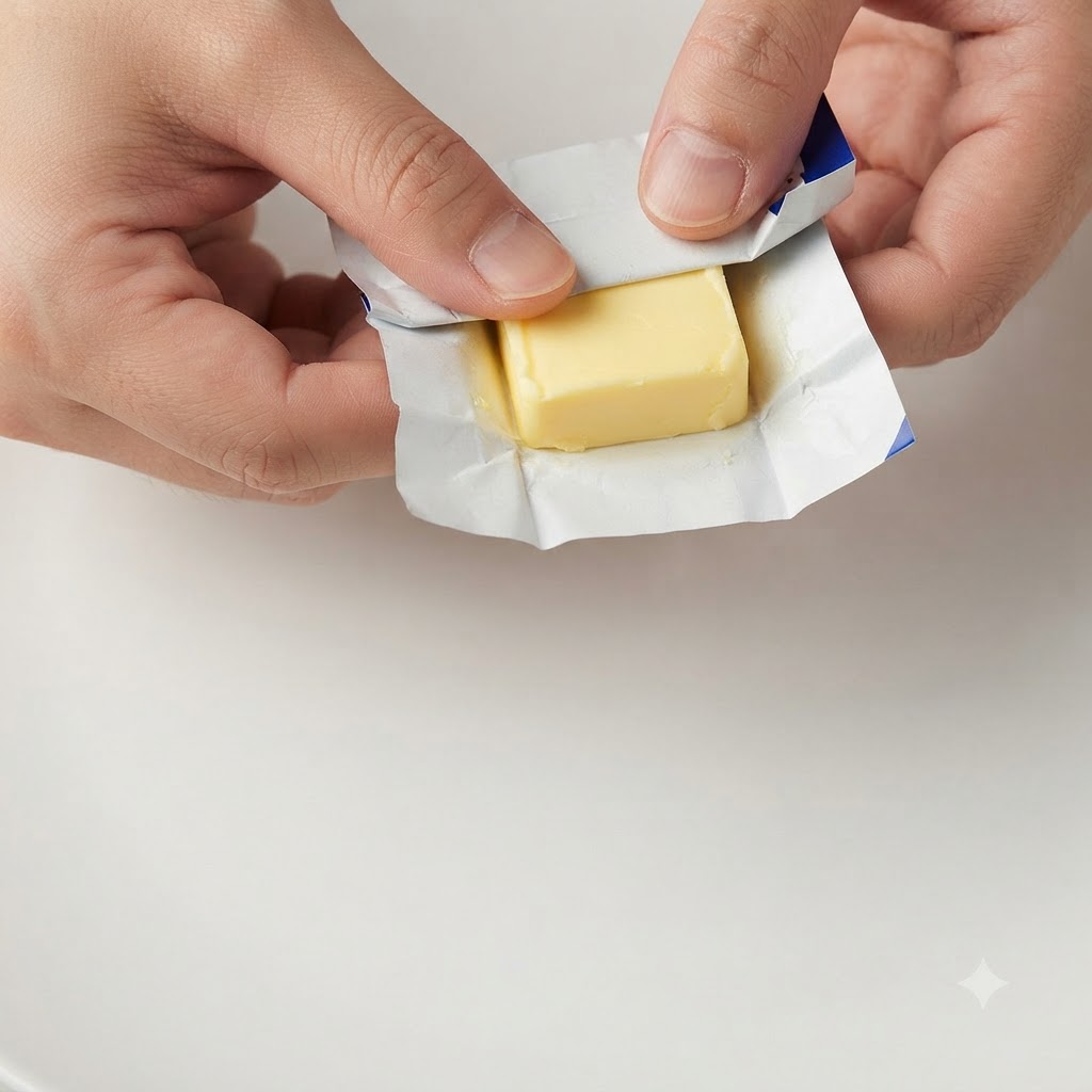 Mani che rimuovono la carta stagnola da una noce di burro sopra una superficie bianca.
