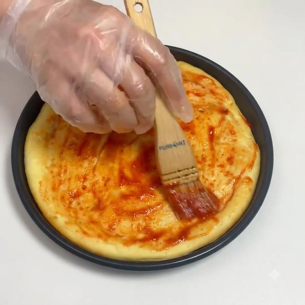 Una mano guantata che usa un pennello da cucina in legno per spalmare la salsa di pomodoro in modo uniforme su una base per pizza rotonda.