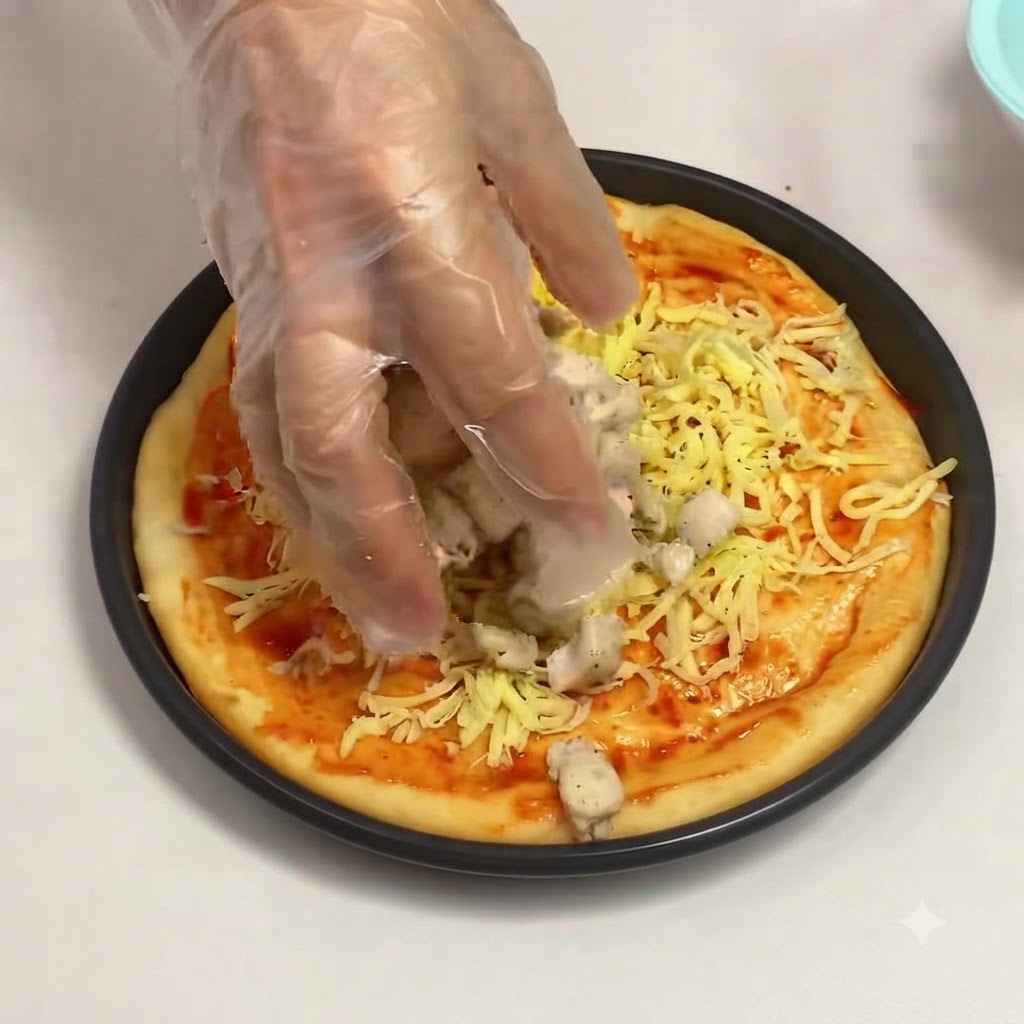 Mano guantata che posiziona pezzi di petto di pollo scottati in padella sopra lo strato di formaggio su un impasto per pizza.