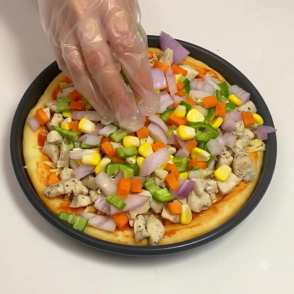 Mano guantata che cosparge un mix colorato di cipolle tritate, carote, peperoni e mais sopra la guarnizione di pollo.