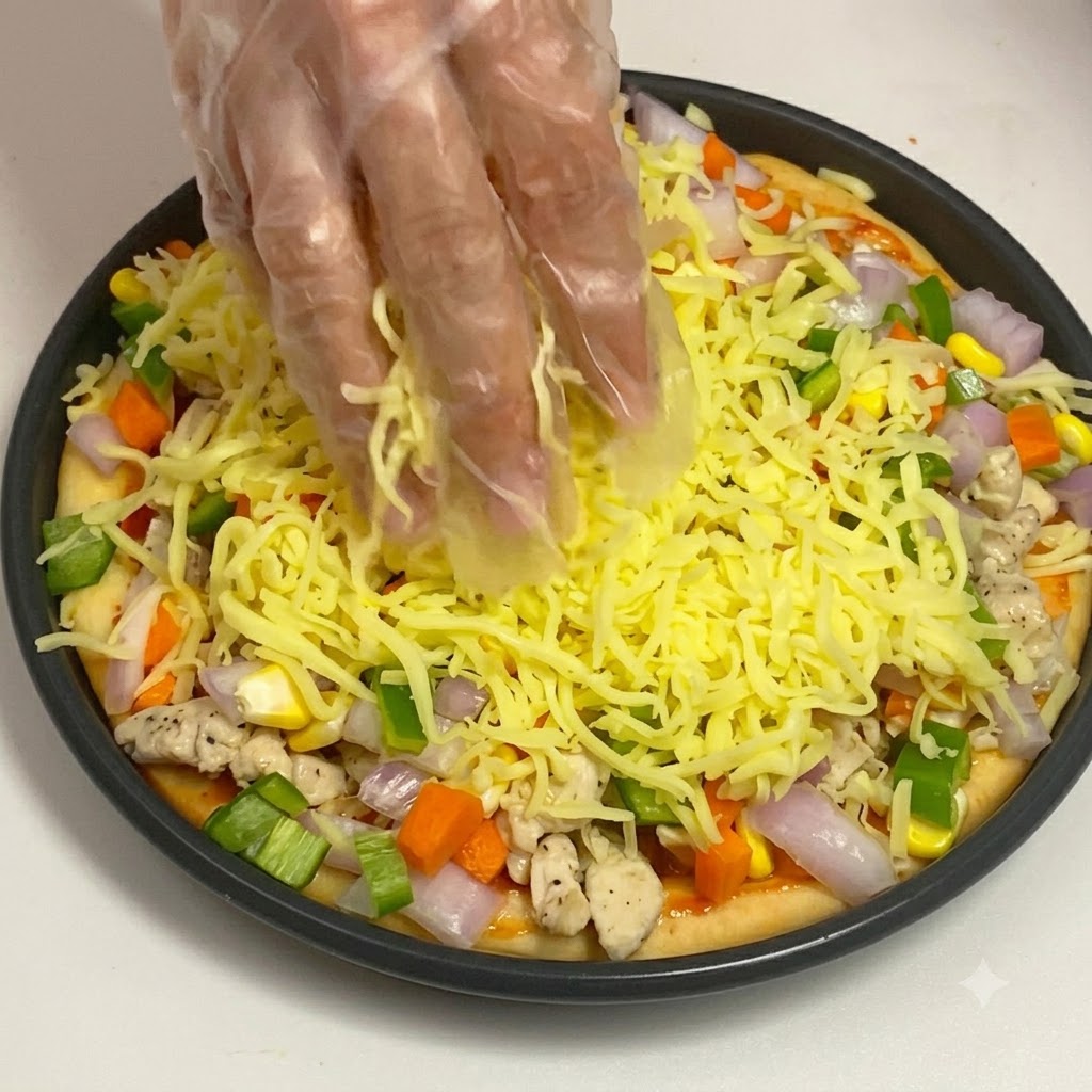 Mano guantata che stende un denso strato di mozzarella grattugiata sopra i condimenti della pizza.