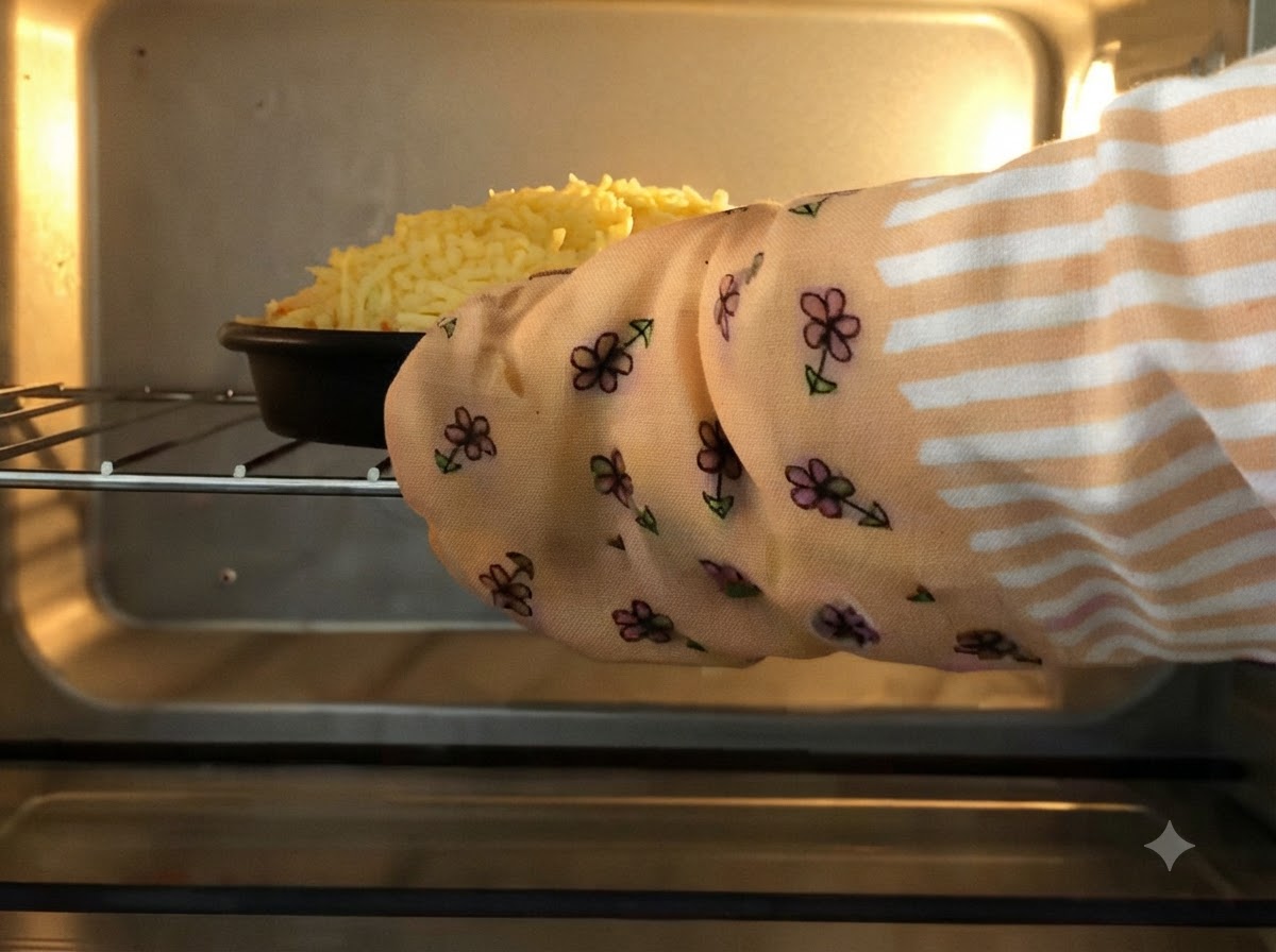 Mano che indossa un guanto da forno floreale mentre fa scivolare una teglia per pizza su una griglia del forno preriscaldata.