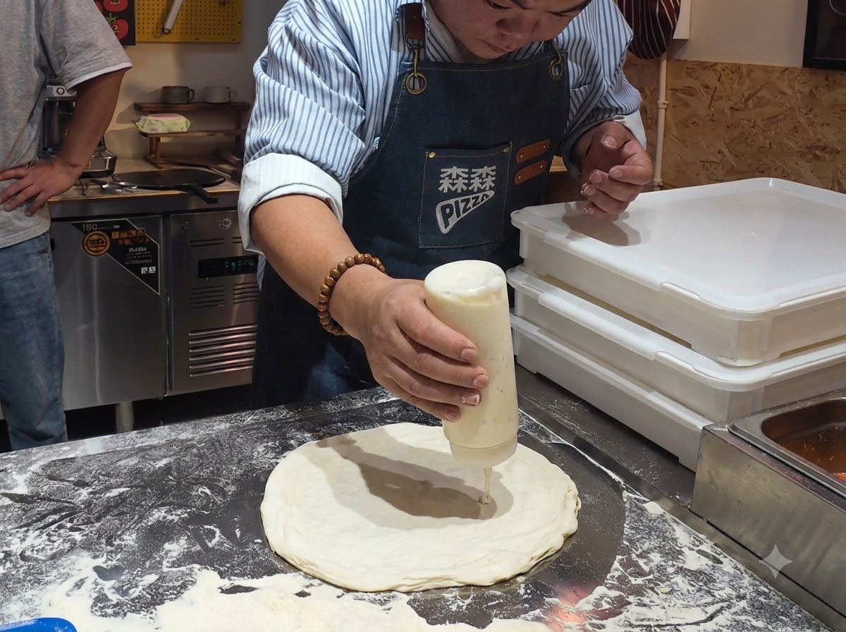 Un primo piano di un flacone che eroga condimento al centro di un impasto per pizza circolare su un bancone infarinato.