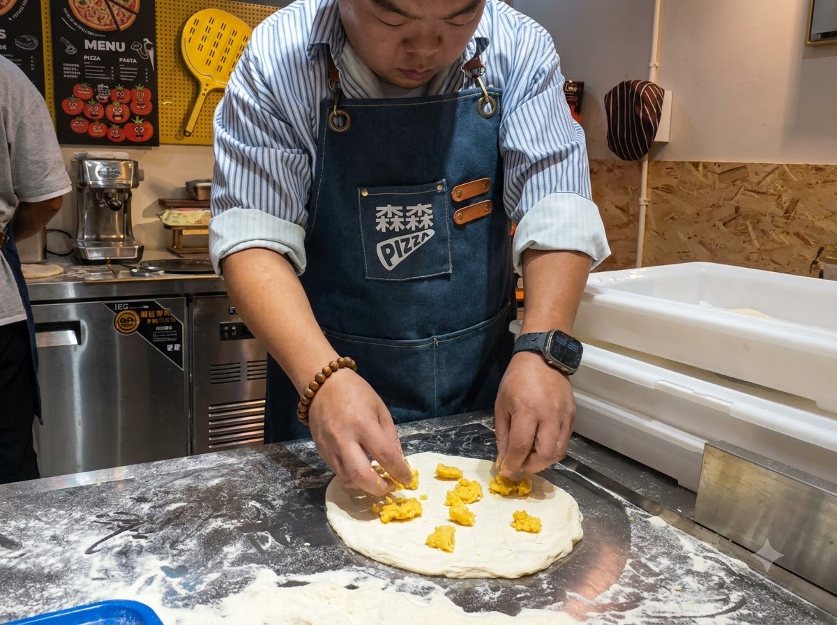 Mani che dispongono pezzi di pollo fritto dorati sulla superficie di una base per pizza condita.