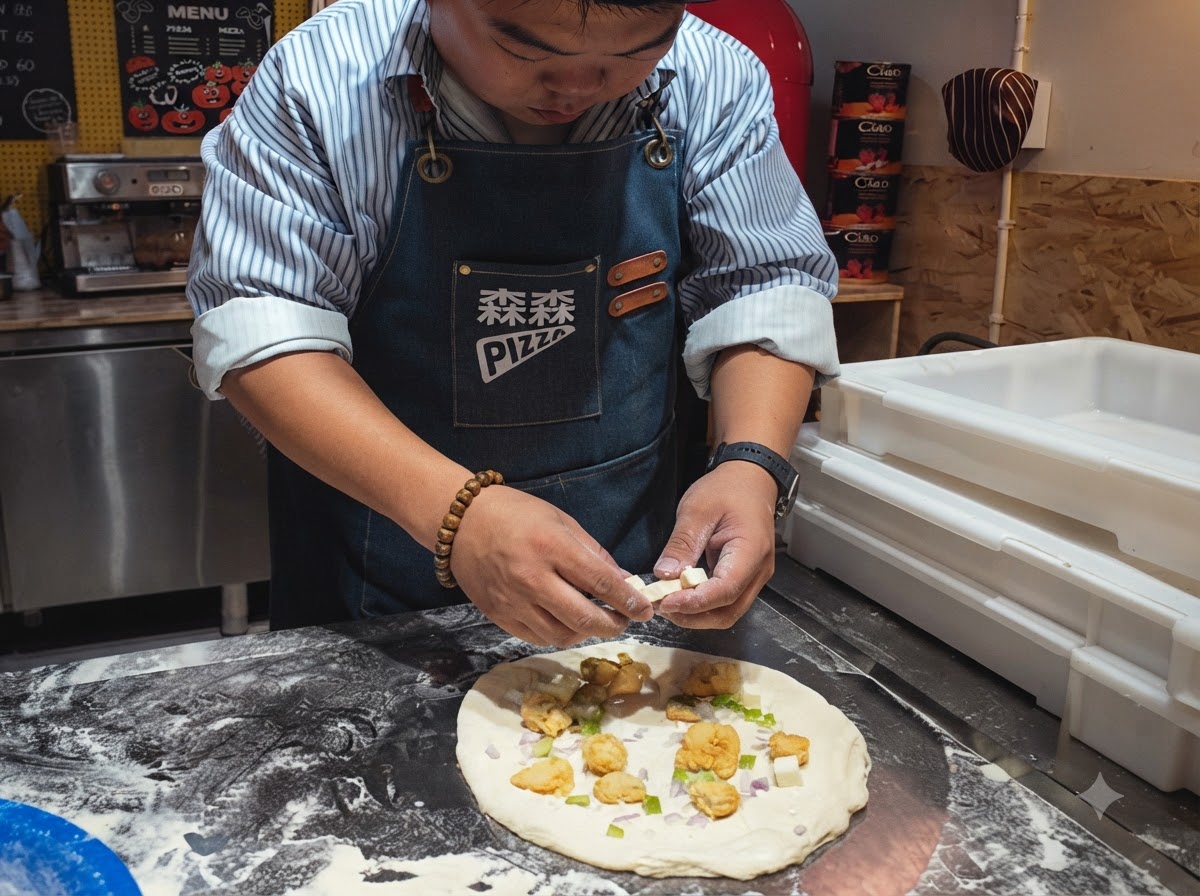 Mani che sistemano piccoli cubetti di mozzarella bianca sulla parte superiore della pizza.